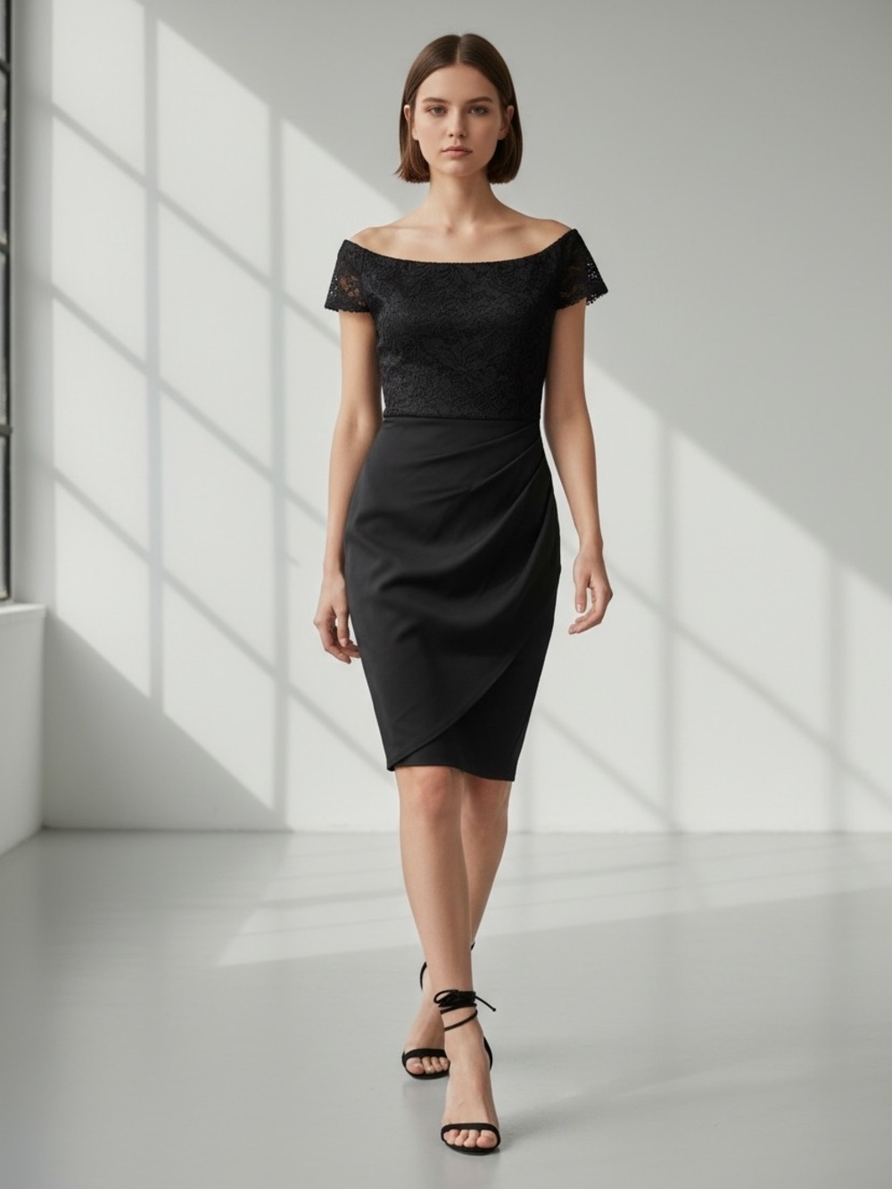 Le Chateau Black Cocktail Dress Off Shoulder Bardot Lace Bodice Formal LBD XS - Picture 1 of 16